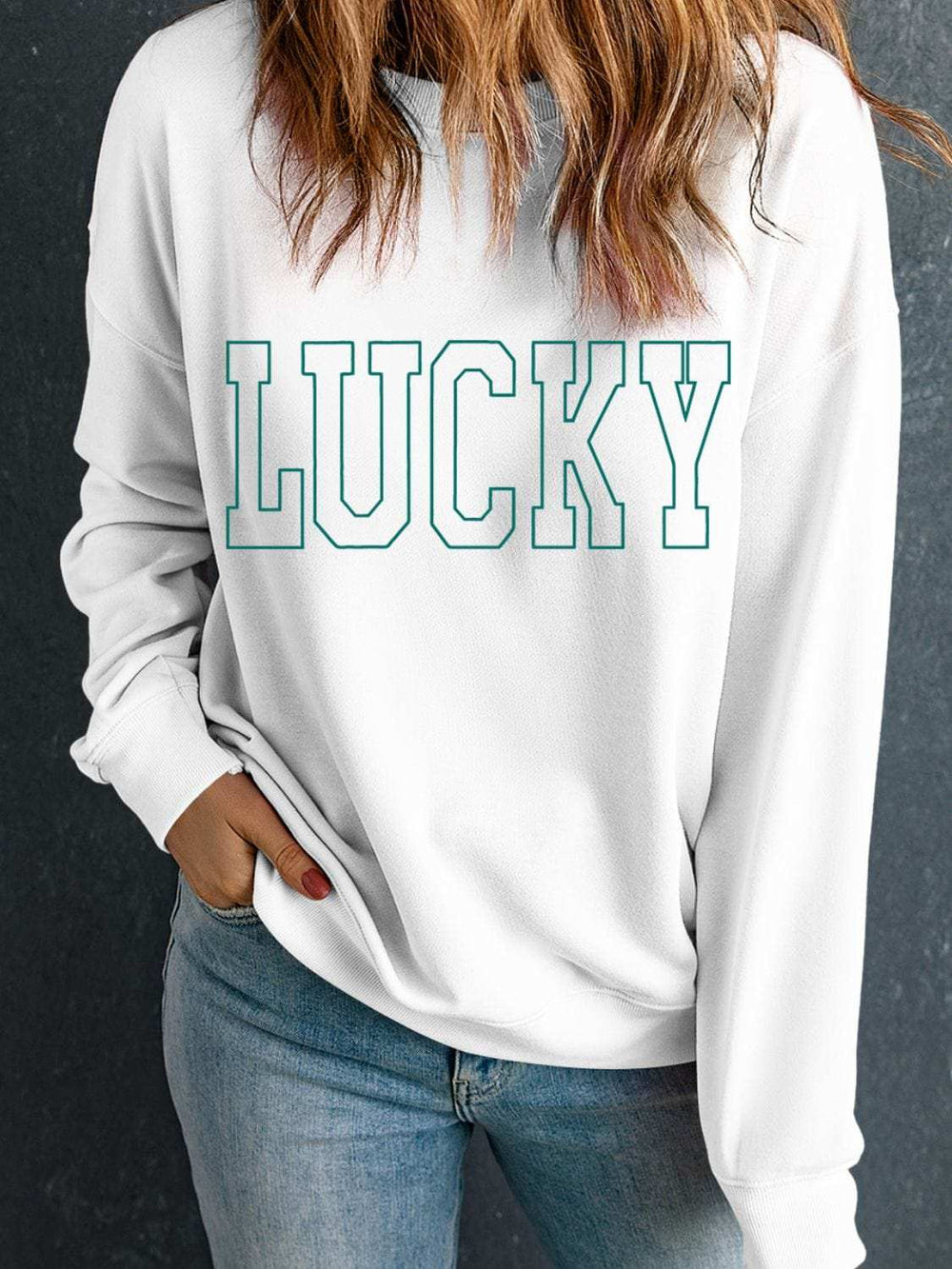 LUCKY Graphic Round Neck Long Sleeve Sweatshirt - Trendsi - Flyclothing LLC