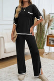 Devine Contrast Trim Half Sleeve Top and Pants Set - Trendsi - Flyclothing LLC