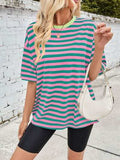 Lovelet Striped Round Neck Half Sleeve T-Shirt - Trendsi - Flyclothing LLC