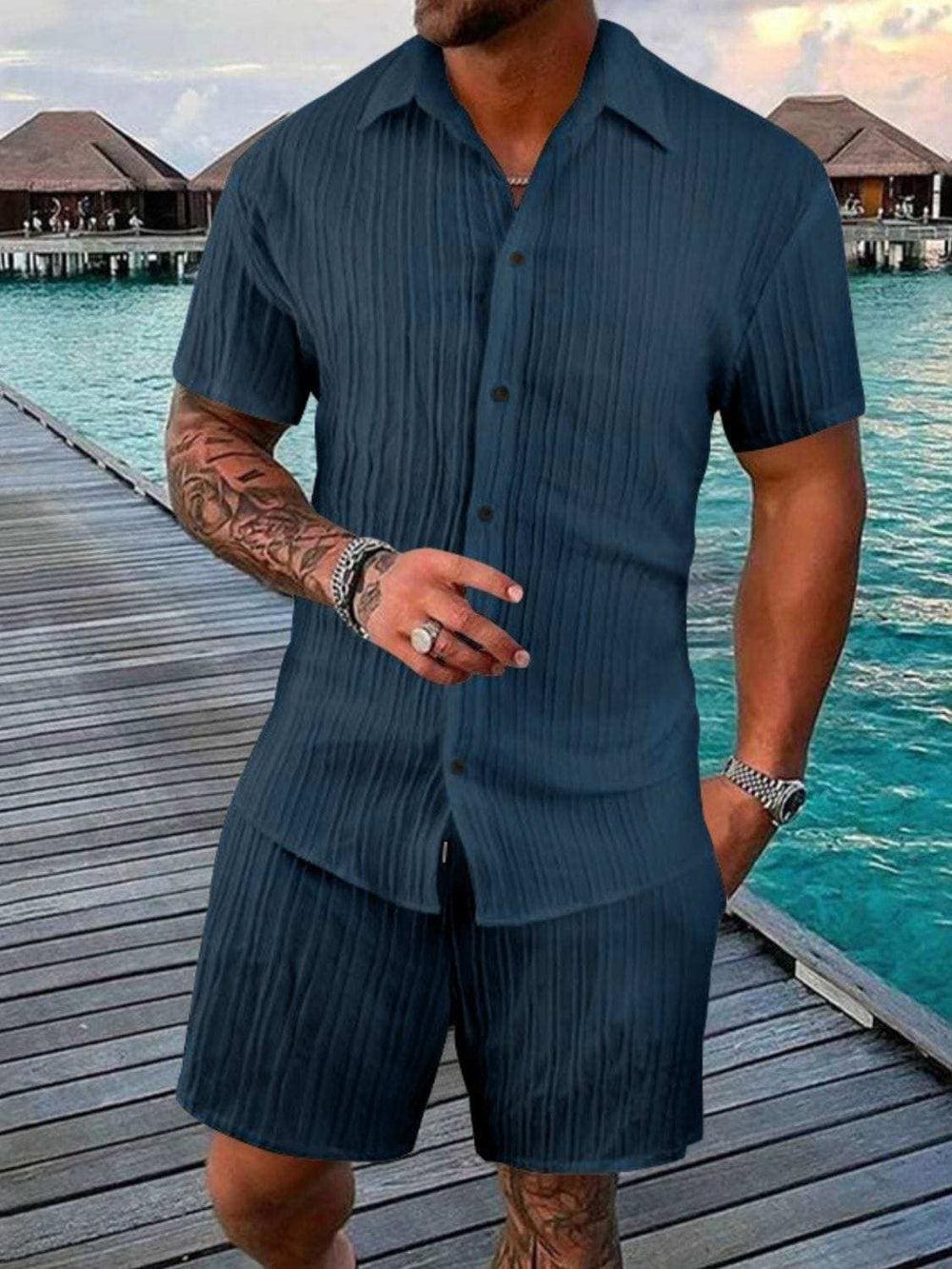 Men's Full Size Button Down Short Sleeve Shirt and Shorts Set Plus Size - Trendsi - Flyclothing LLC
