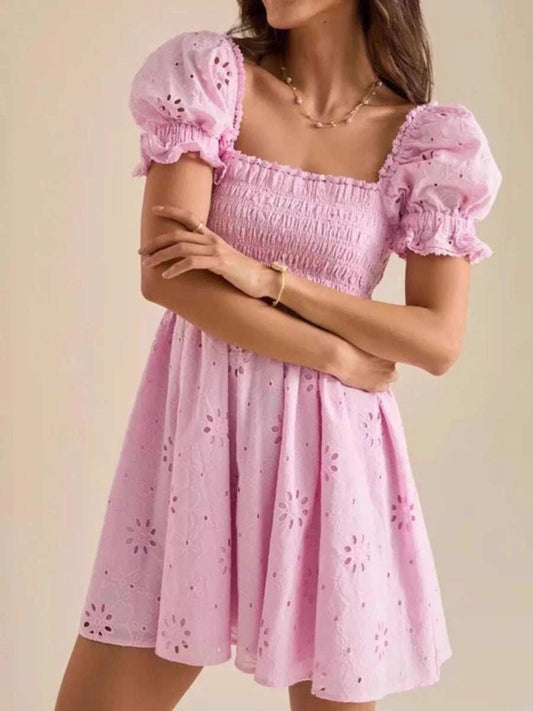 Eyelet Puff Sleeve Smocked Mini Dress - Trendsi - Flyclothing LLC
