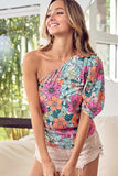 BiBi Floral Puff Sleeve One Shoulder Top - Trendsi - Flyclothing LLC