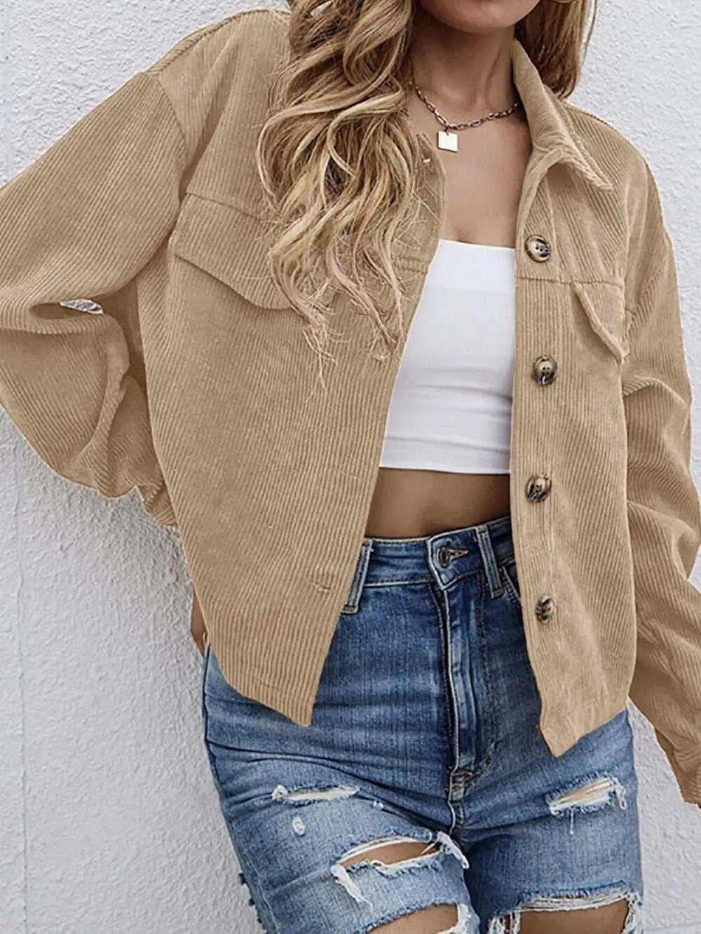 Button Up Dropped Shoulder Long Sleeve Jacket - Trendsi - Flyclothing LLC