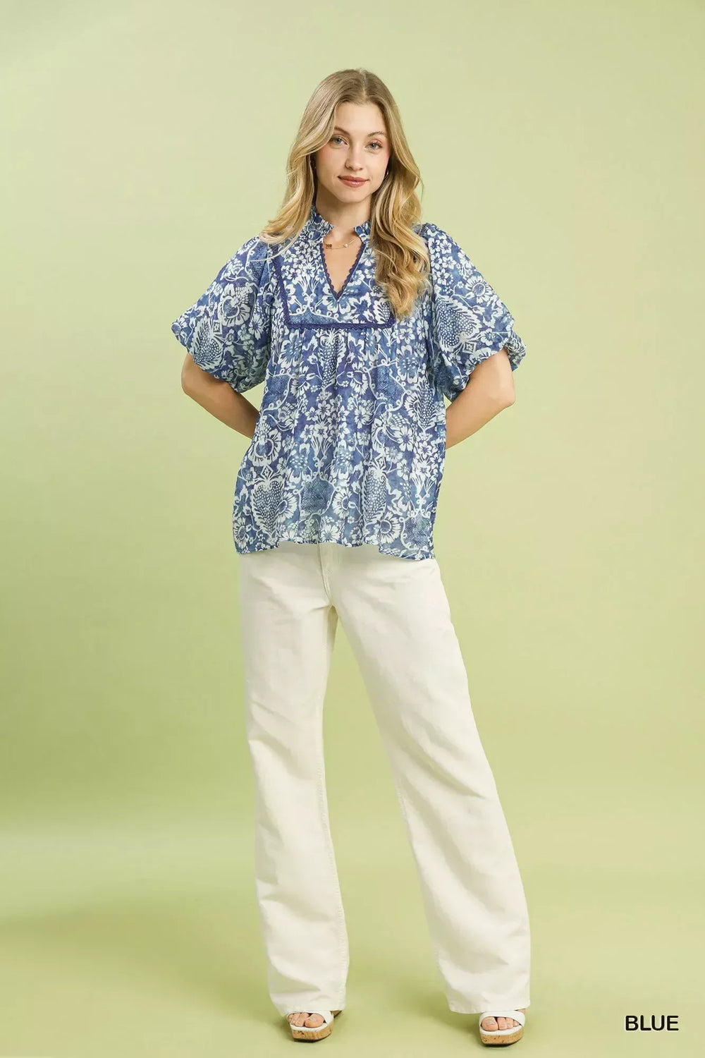 Umgee Abstract Print Ruffled Puff Sleeve Top - Trendsi - Flyclothing LLC