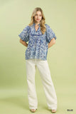 Umgee Abstract Print Ruffled Puff Sleeve Top - Trendsi - Flyclothing LLC