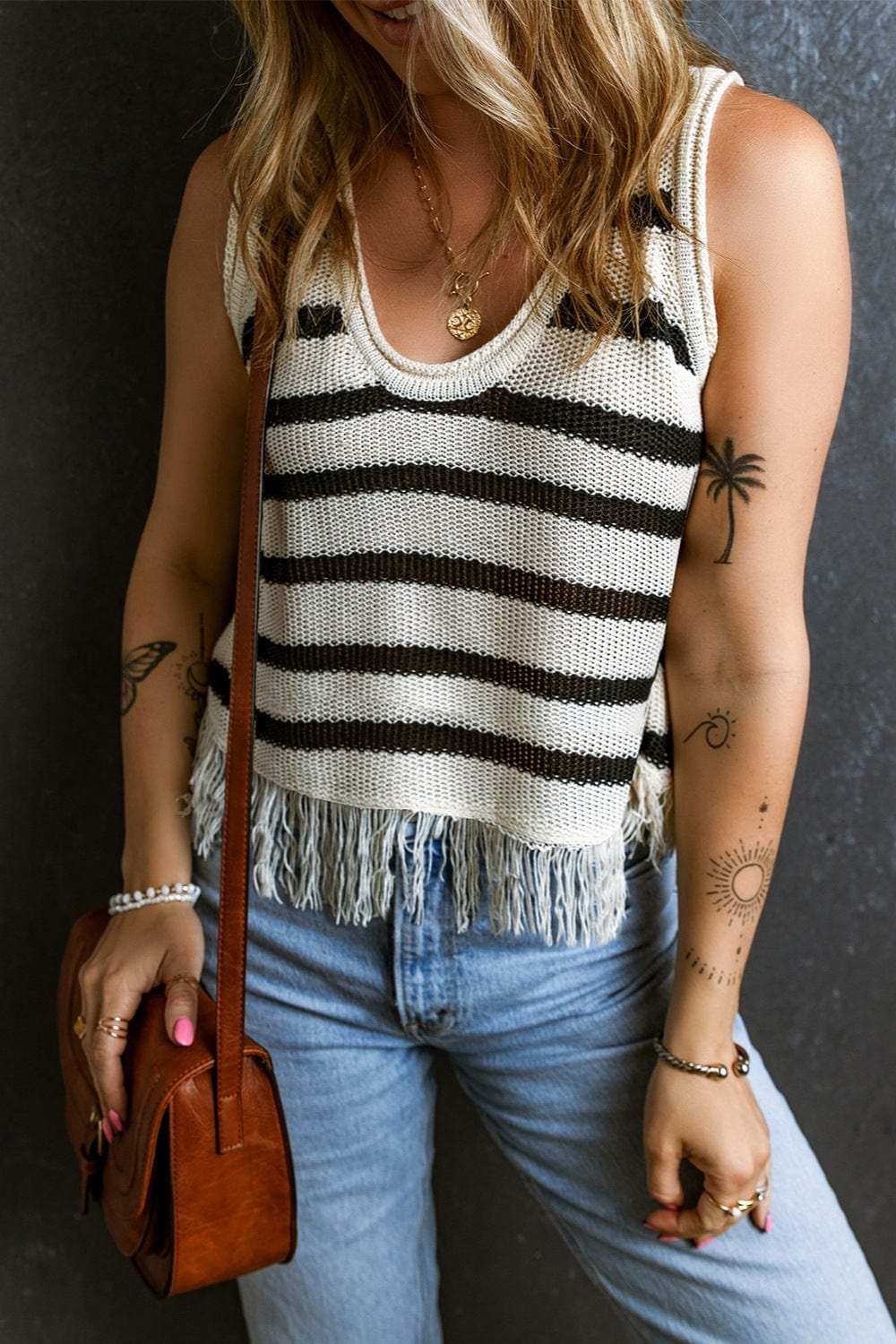 Fringe Striped Scoop Neck Tank - Trendsi - Flyclothing LLC