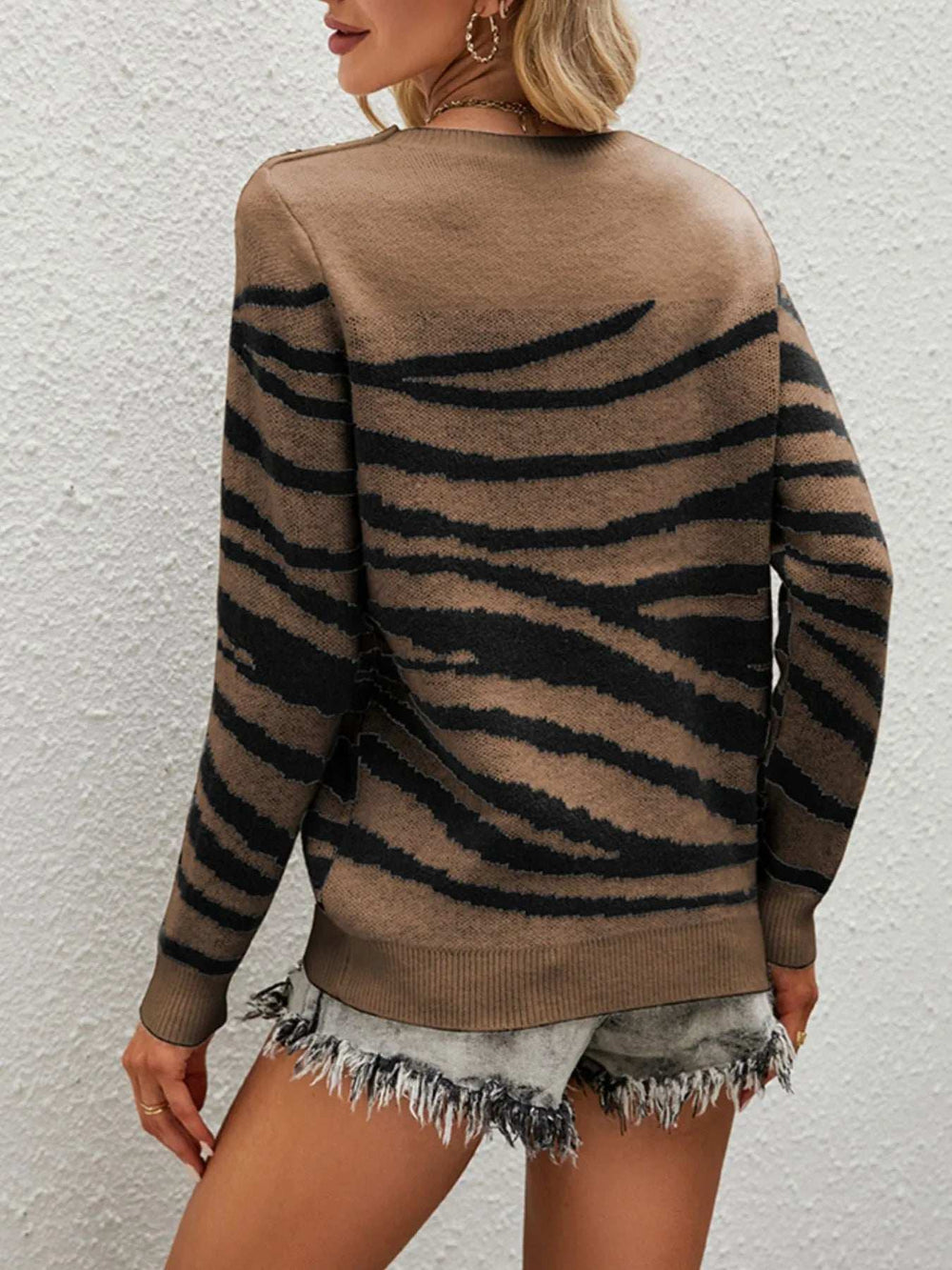 Zebra Print Round Neck Sweater - Trendsi - Flyclothing LLC