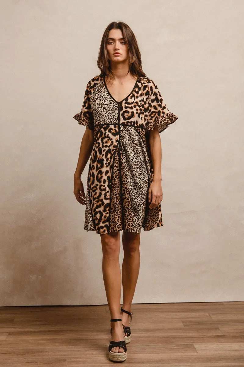 BiBi Leopard Prints Mix and Match Short Sleeves Dress - Trendsi - Flyclothing LLC