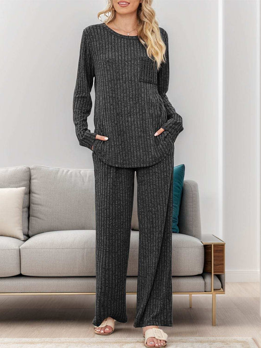 Round Neck Long Sleeve Top and Pants Set - Trendsi - Flyclothing LLC