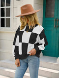 Angel Wings Checkered Round Neck Dropped Shoulder Sweater - Trendsi - Flyclothing LLC