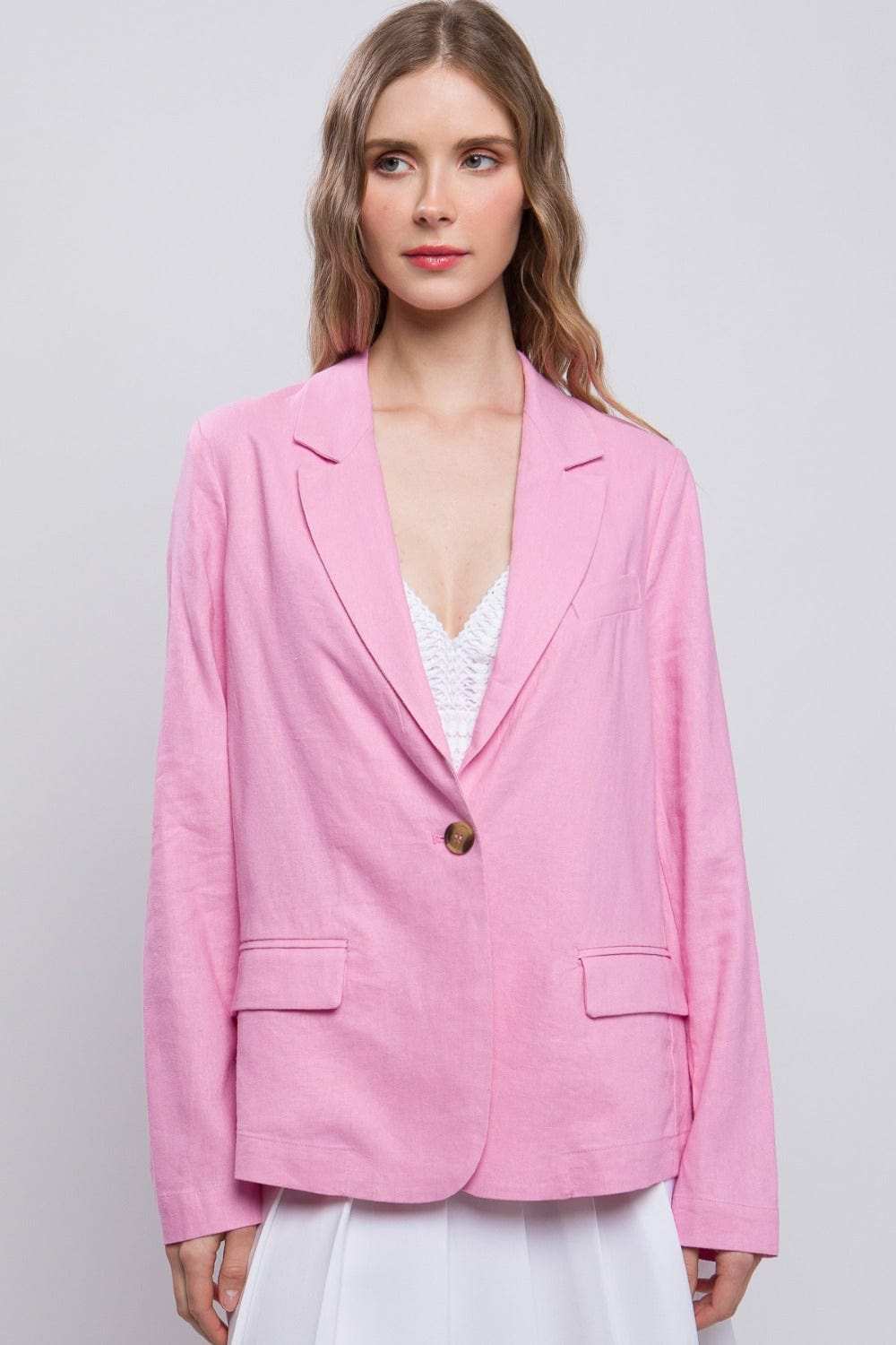 Love Tree One-Button Long Sleeve Linen Blazer - Trendsi - Flyclothing LLC