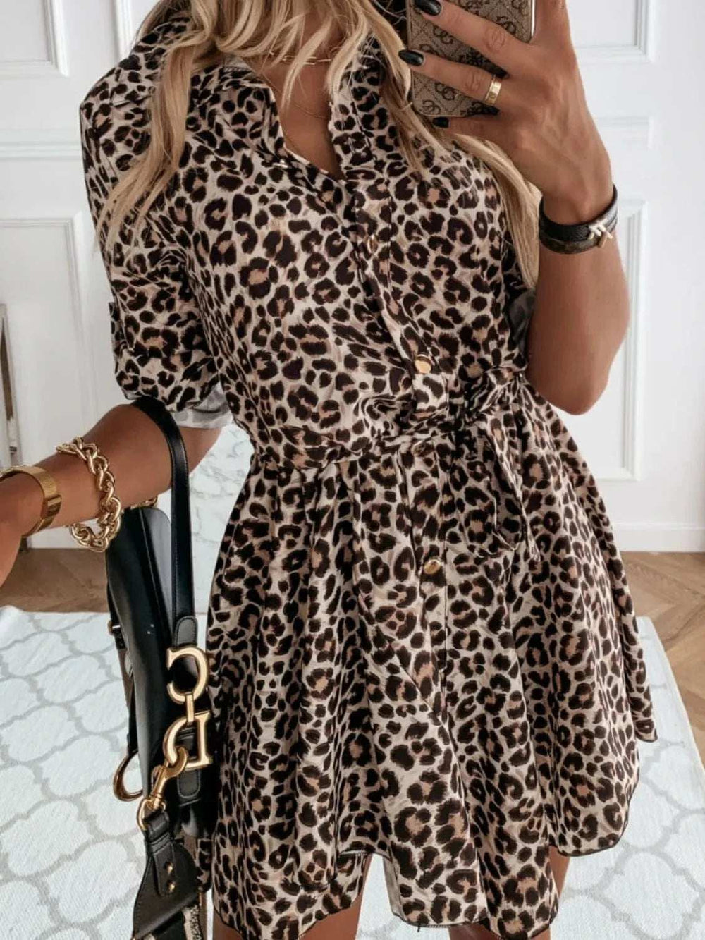 Printed Tie Waist Roll-Tab Sleeve Mini Dress - Trendsi - Flyclothing LLC