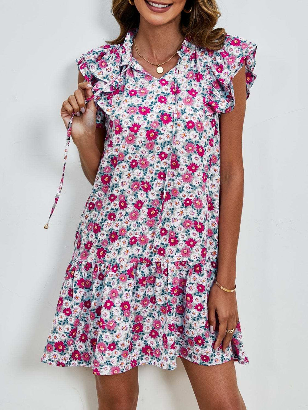 Tied Floral Cap Sleeve Mini Dress - Trendsi - Flyclothing LLC