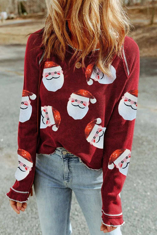 Sequin Santa Round Neck Long Sleeve Blouse - Trendsi - Flyclothing LLC