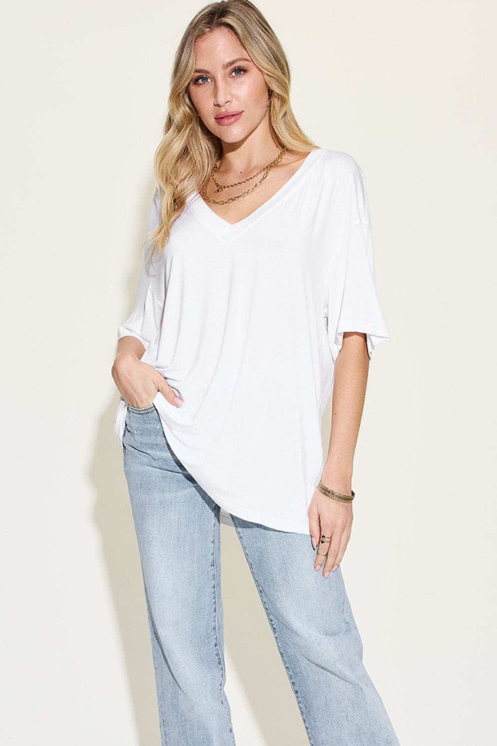 Basic Bae Full Size Bamboo V-Neck Drop Shoulder T-Shirt - Trendsi - Flyclothing LLC