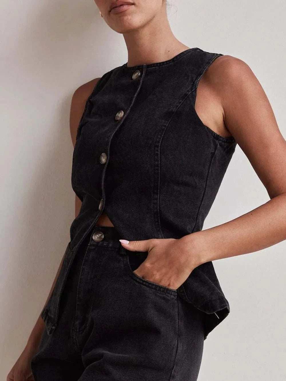 Button Down Denim Vest - Trendsi - Flyclothing LLC