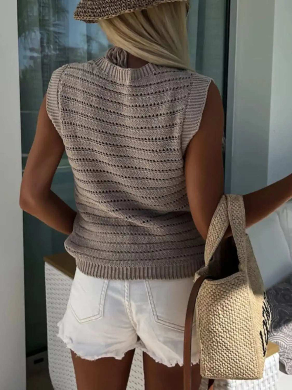 Openwork Round Neck Sweater Vest - Trendsi - Flyclothing LLC