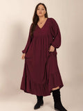 Plus Size Ruffled Hem V-Neck Balloon Sleeve Dress - Trendsi - Flyclothing LLC