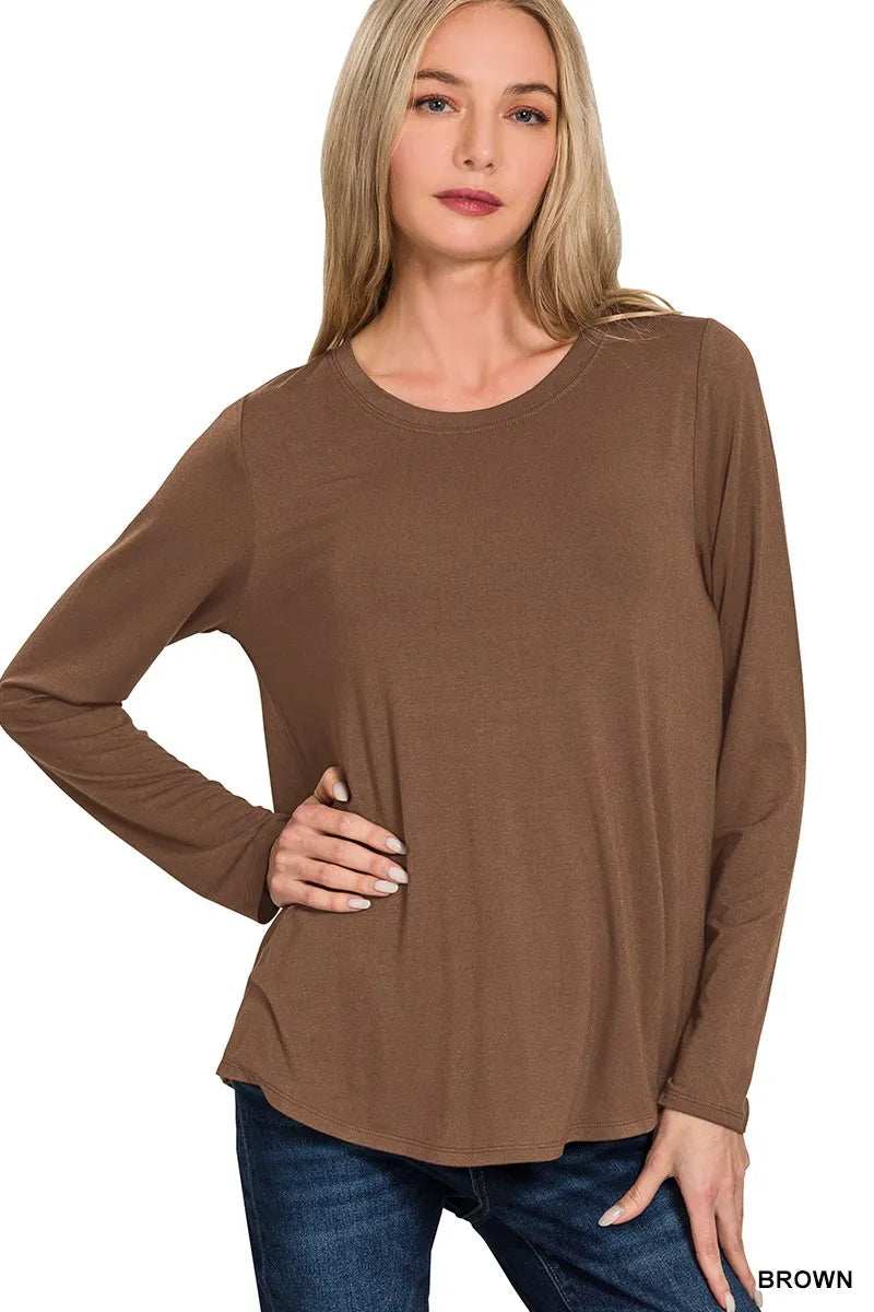 Zenana Flowy Round Hem Rayon Long Sleeve Top - Trendsi - Flyclothing LLC