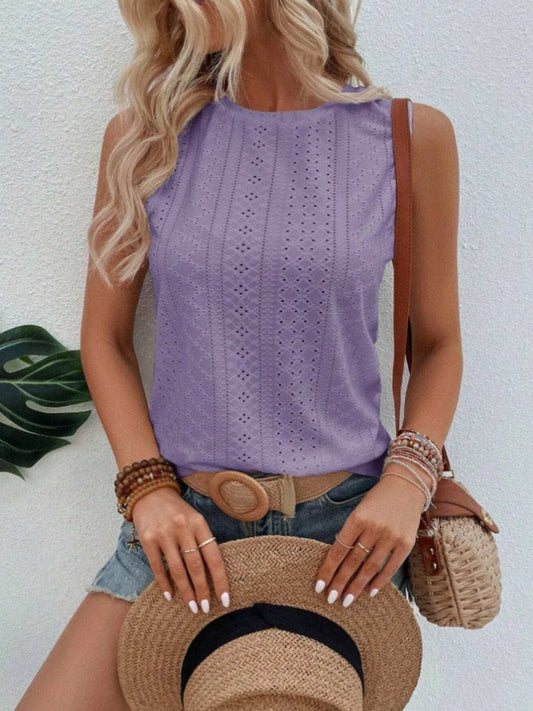 Eyelet Round Neck Tank - Trendsi - Flyclothing LLC