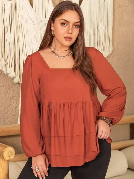 Plus Size Lace Detail Square Neck Long Sleeve Blouse - Trendsi - Flyclothing LLC