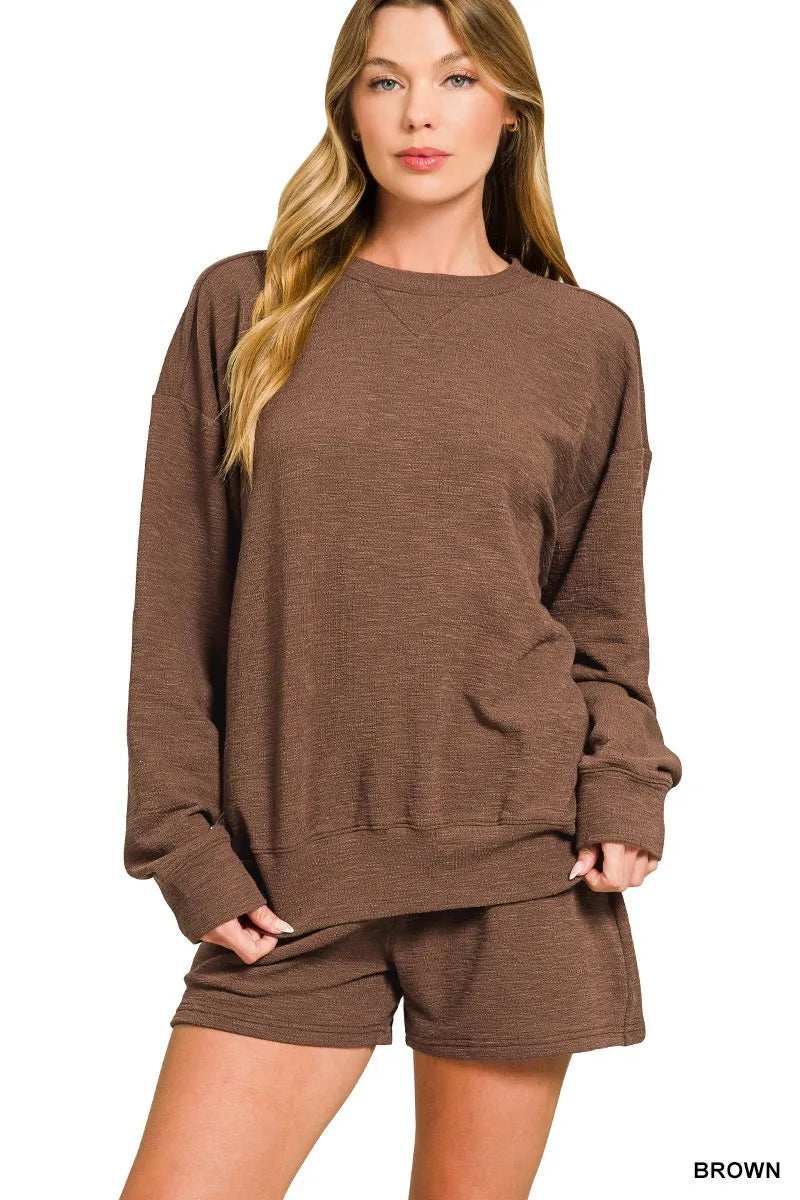 Zenana Slub Long Sleeve Top and Shorts Set - Trendsi - Flyclothing LLC