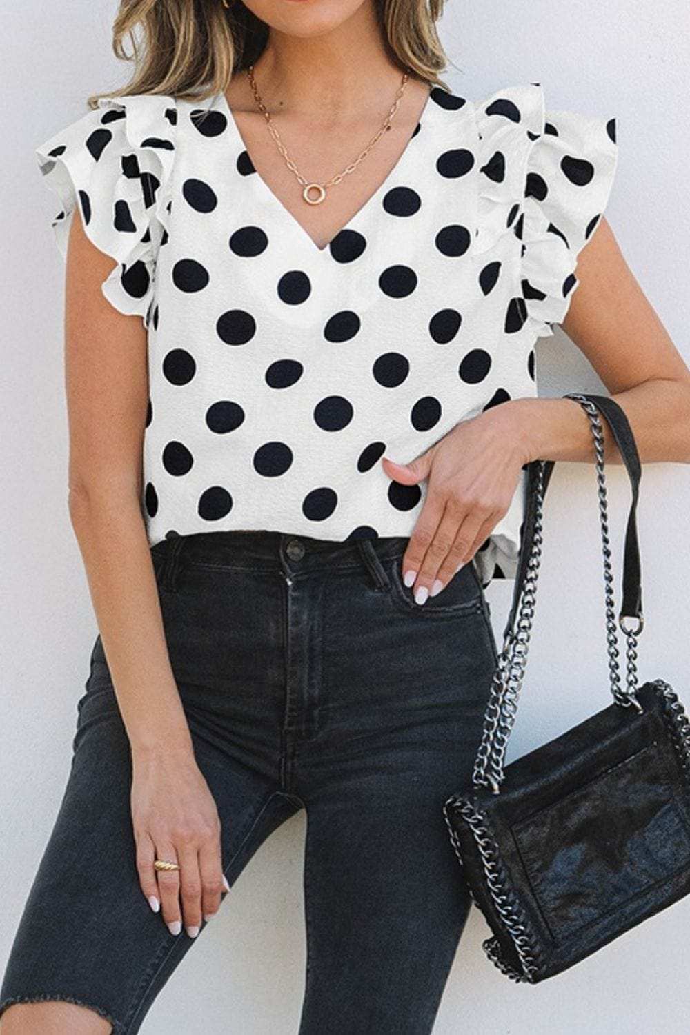 Polka Dot Ruffled Cap Sleeve V Neck Blouse - Trendsi - Flyclothing LLC