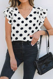 Polka Dot Ruffled Cap Sleeve V Neck Blouse - Trendsi - Flyclothing LLC