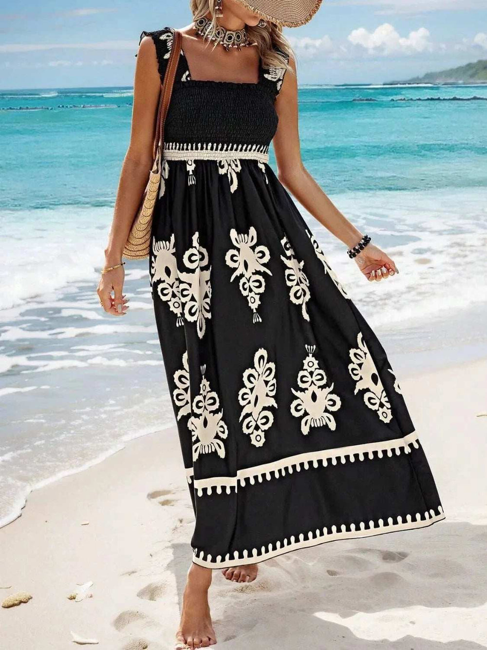 Smocked Printed Wide Strap Maxi Dress - Trendsi - Flyclothing LLC