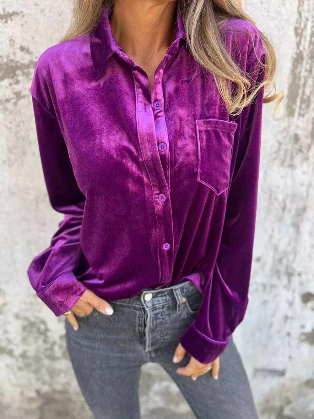 Full Size Velvet Button-Up Long Sleeve Shirt Plus Size - Trendsi - Flyclothing LLC