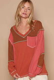POL V-Neck Knit Panel Exposed Seam Top - Trendsi - Flyclothing LLC