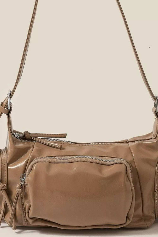 Fame Glossy Faux Leather Multi Pocket Hand Bag - Trendsi - Flyclothing LLC