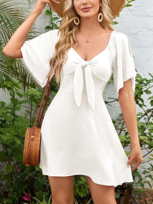 Smocked Back Knotted Flutter Sleeve Dress - Trendsi - Flyclothing LLC