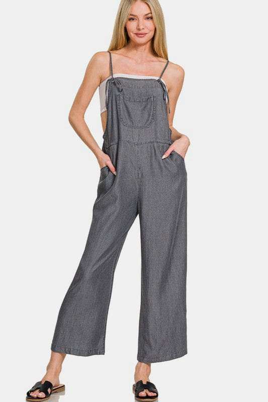 Zenana Washed Adjustable Strap Wide Leg Denim Overalls - Trendsi - Flyclothing LLC