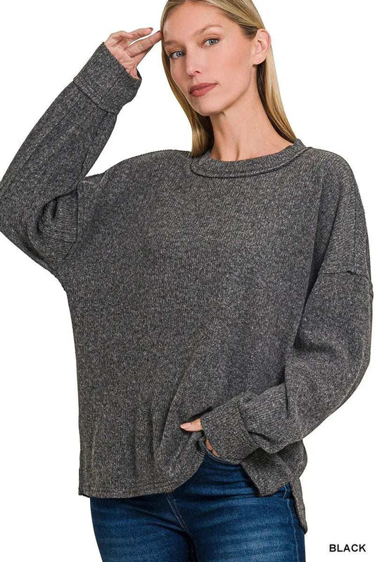 Zenana Full Size Brushed Ribbed Hacci Drop Shoulder Sweater Plus Size - Trendsi - Flyclothing LLC