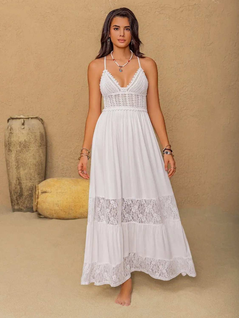 Lace Detail Crochet Tiered Maxi Cami Dress - Trendsi - Flyclothing LLC