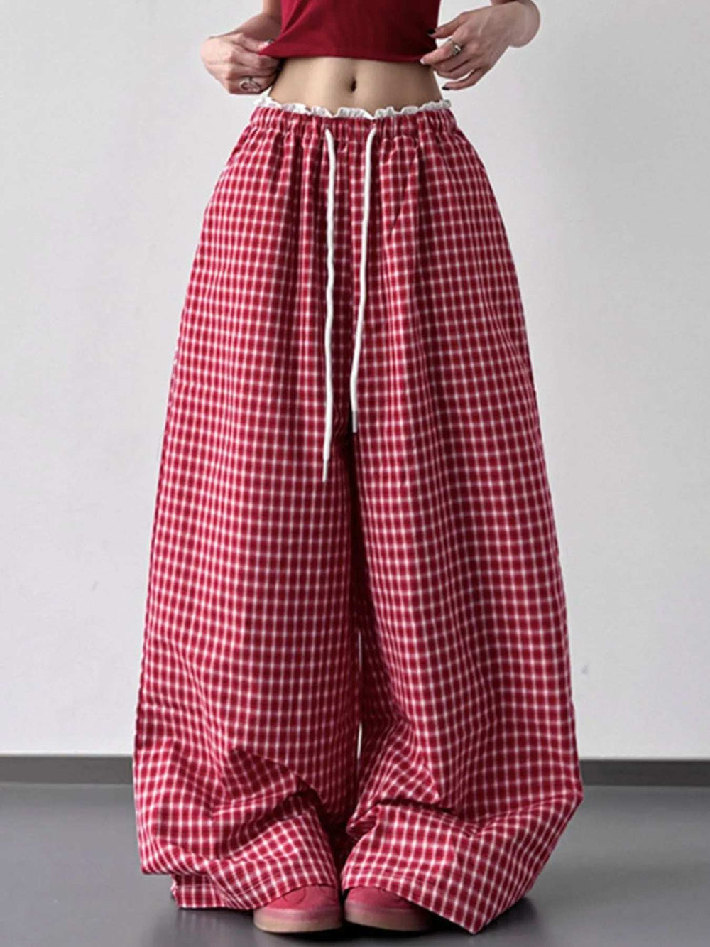 Drawstring Plaid Wide Leg Pants - Trendsi - Flyclothing LLC