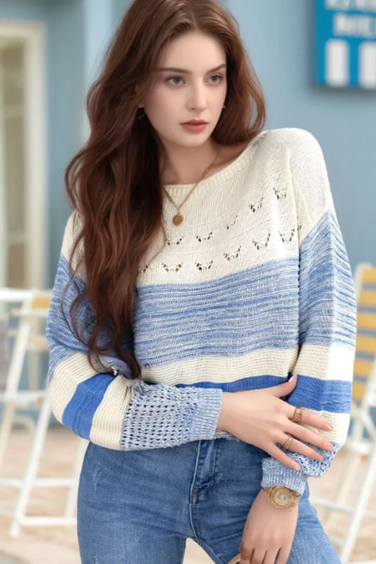 Openwork Striped Knit Long Sleeve Sweater - Trendsi - Flyclothing LLC