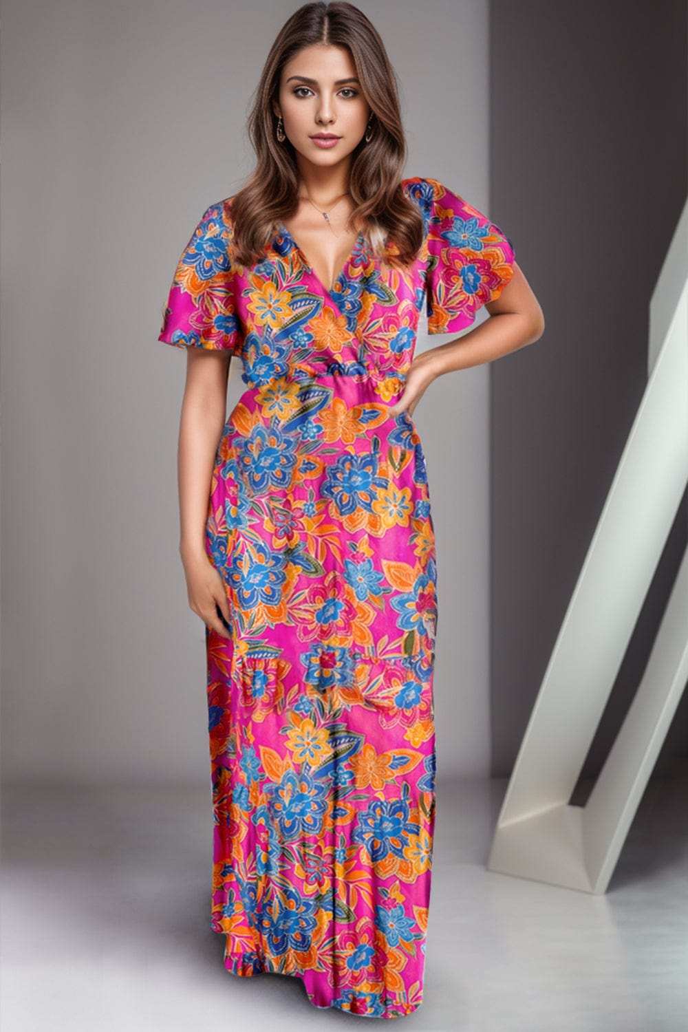 Printed Surplice Short Sleeve Maxi Dress - Trendsi - Flyclothing LLC
