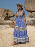 Printed V-Neck Cap Sleeve Midi Dress - Trendsi - Flyclothing LLC