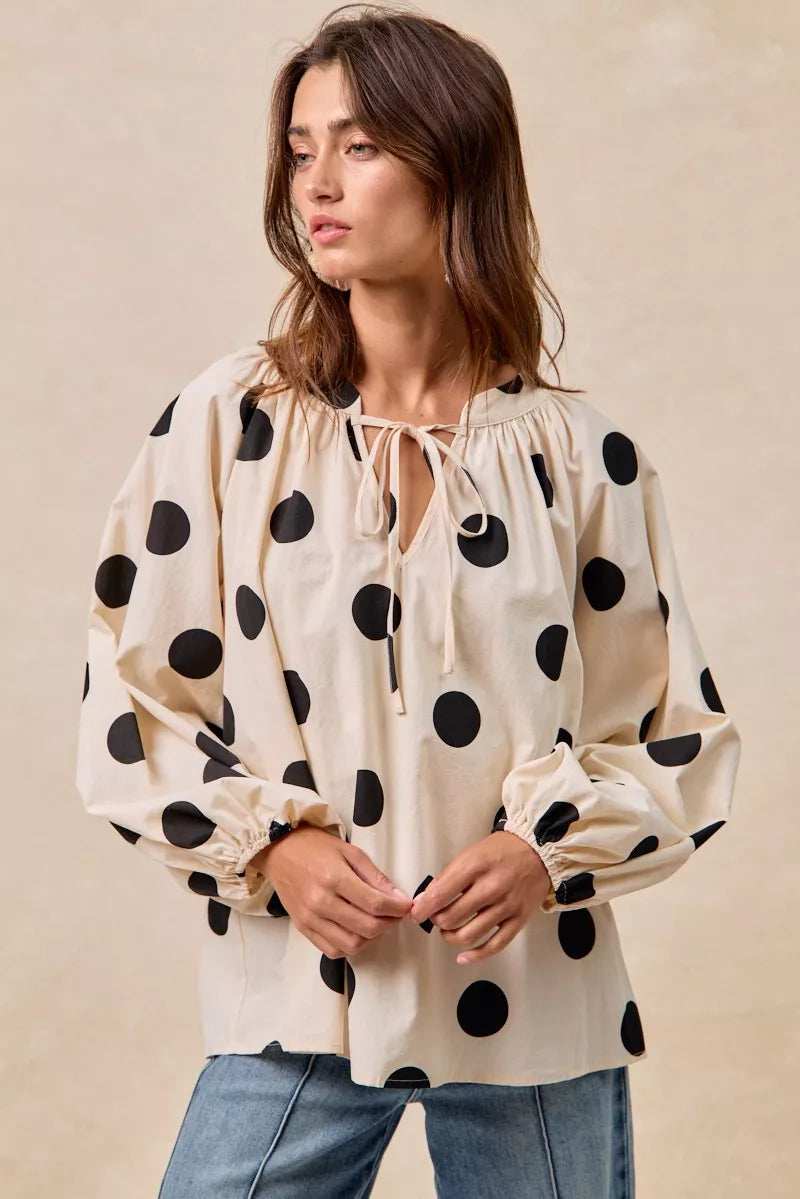 BiBi Polka Dot Exaggerated Balloon Sleeves Blouse - Trendsi - Flyclothing LLC