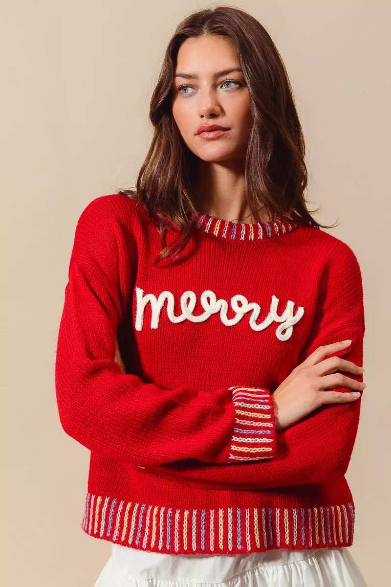 SO ME Merry Lettering Embroidered Christmas Sweater - Trendsi - Flyclothing LLC