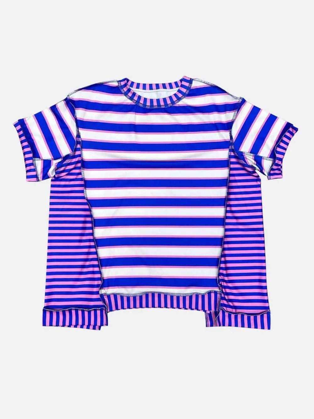 Full Size Contrast Stitching Striped Round Neck T-Shirt - Trendsi - Flyclothing LLC