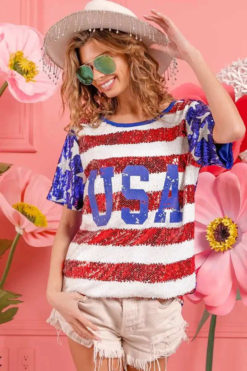 BiBi American Flag Theme USA Lettering Sequin Top - Trendsi - Flyclothing LLC