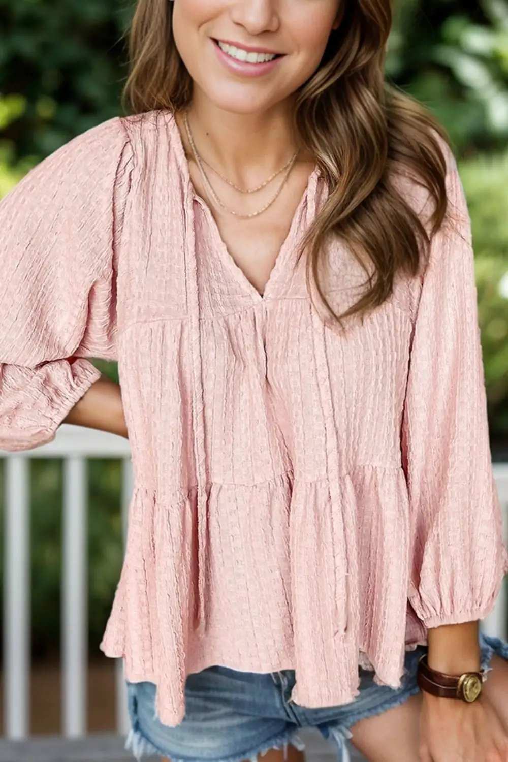 Textured Tie Neck Three-Quarter Sleeve Blouse - Trendsi - Flyclothing LLC