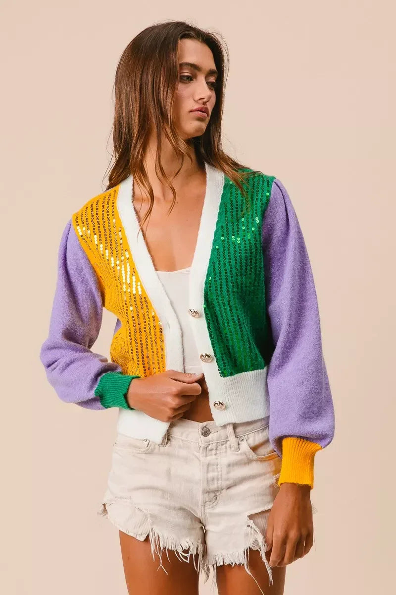 BiBi Mardi Gras Color Block Sequin Sweater Cardigan - Trendsi - Flyclothing LLC