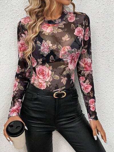 Mesh Floral Mock Neck Long Sleeve Top - Trendsi - Flyclothing LLC