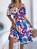 Ruffled Hem Smocked Floral Short Sleeve Midi Dress - Trendsi - Flyclothing LLC