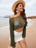 Openwork Boat Neck Long Sleeve Cover-Up - Trendsi - Flyclothing LLC