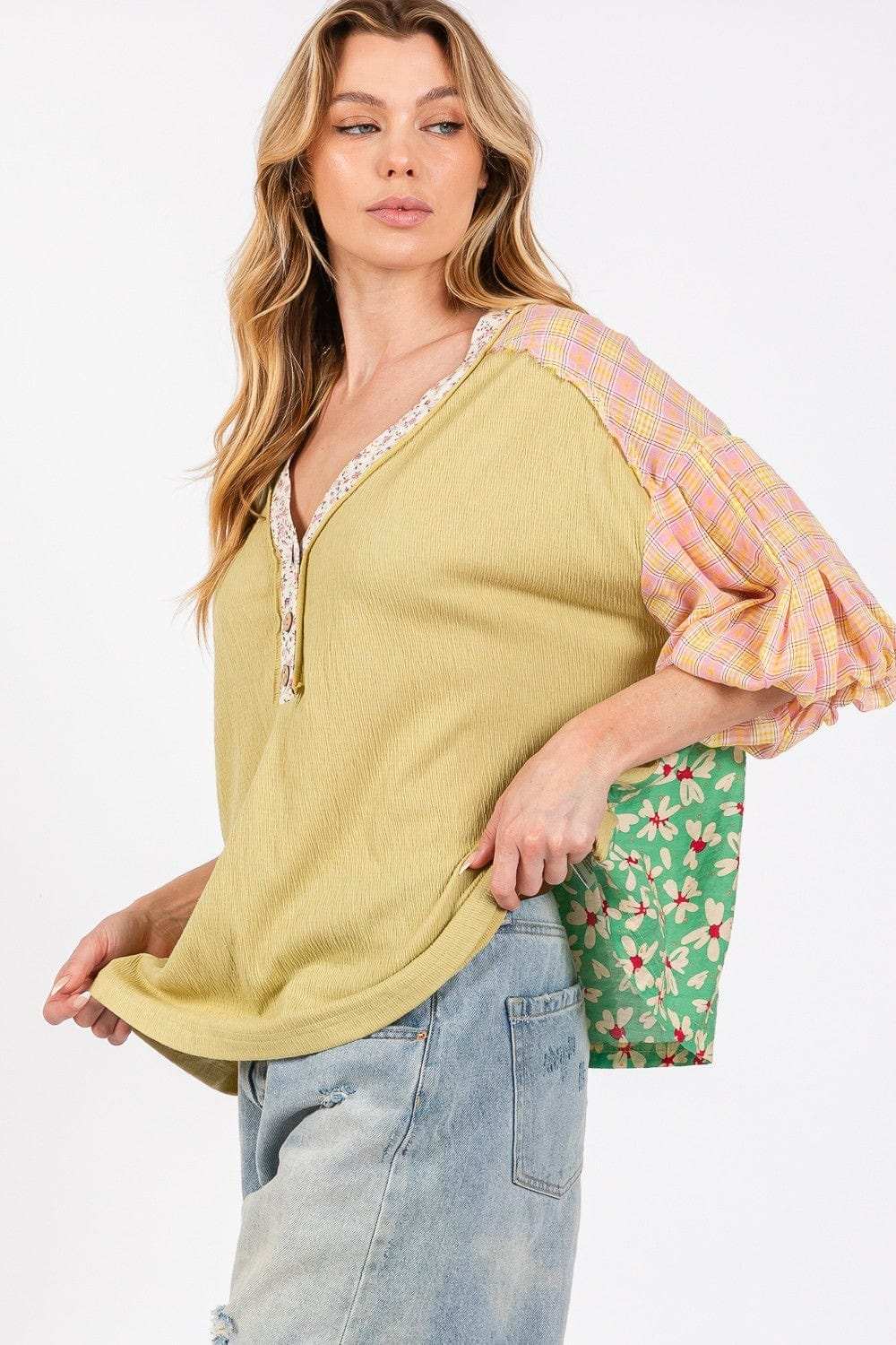 SAGE + FIG Color Block Bubble Sleeve Top - Trendsi - Flyclothing LLC